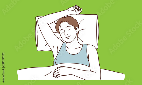 Peaceful woman sleeping comfortably in bed, healthy rest and relaxation concept showing calm night sleep, wellness and good sleep routine in flat illustration style