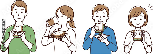 People eating sandwiches and drinking beverages, casual meal and lunch break concept showing everyday food consumption and relaxed lifestyle in flat line illustration style