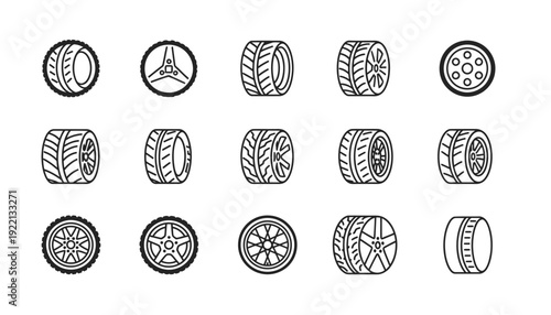 Car Tire & Wheel Rim Vector Icons | Automotive, Vehicle, Transport, Driving, Black Line Art, Minimalist Design, Editable Vector Collection, Modern UI Elements, Modular Graphics