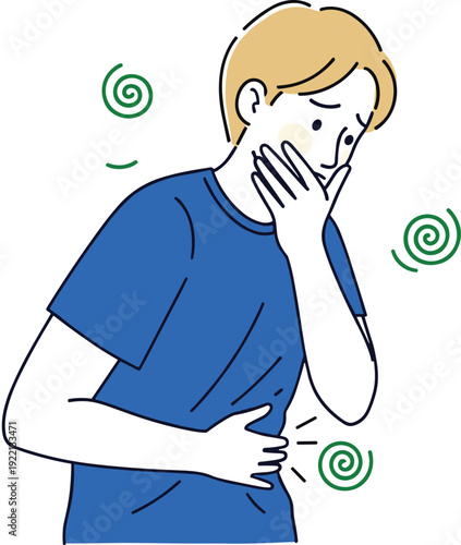 Sick man feeling nausea and dizziness with stomach pain, health problem concept showing illness symptoms, discomfort and unwell condition in modern flat illustration style
