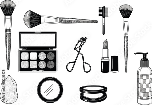Makeup cosmetics tools set including brushes lipstick palette sponge and beauty accessories illustration collection