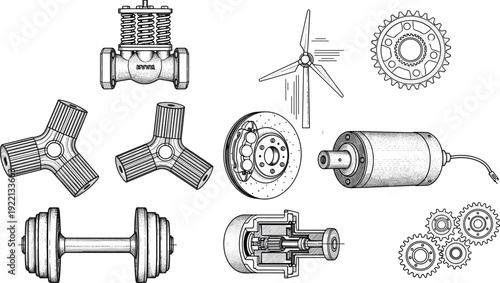 Mechanical engineering components vector illustration set with gears motor turbine valve brake and industrial machinery