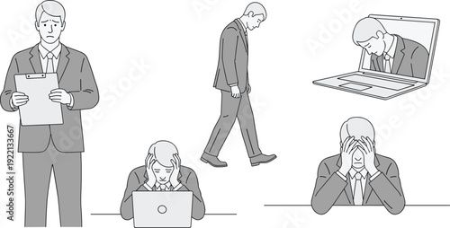 Stressed businessman facing work pressure and burnout, showing job loss anxiety, office fatigue, mental exhaustion, and professional crisis through multiple emotional poses in minimalist line
