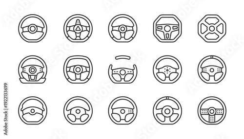 Minimalist Steering Wheel Vector Icons Set | Automotive, Car, Transport, Driving, Vehicle UI Elements | Black Line Art, Modern Dashboard, Editable Vector Collection