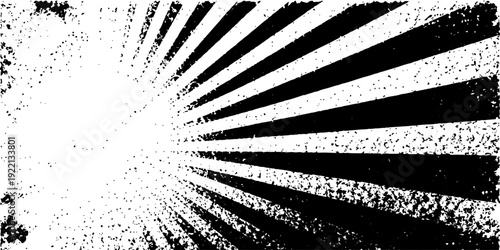 Abstract black and white grunge background featuring a digital art sunburst design with light rays and vintage vector textures in a 3D space tunnel