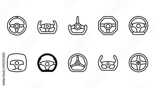 Minimalist Steering Wheel Vector Icons Set | Automotive, Car, Transport, Driving, Vehicle UI Elements | Black Line Art, Modern Dashboard, Editable Vector Collection