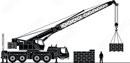 Mobile Crane Lifting Brick Pallet at Construction Site Heavy Machinery Silhouette Vector Illustration