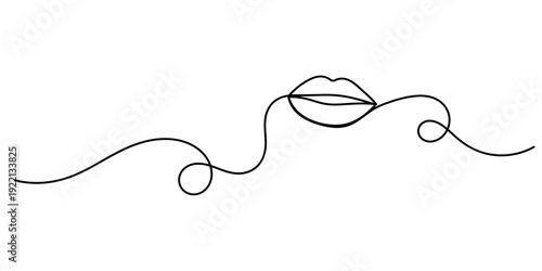 Continuous line, lips, kiss, beauty hand drawn line drawing illustration, vector, transparent background. Vector illustration.