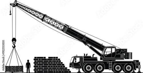 Mobile truck crane lifting brick pallet at construction site with worker silhouette industrial vector illustration