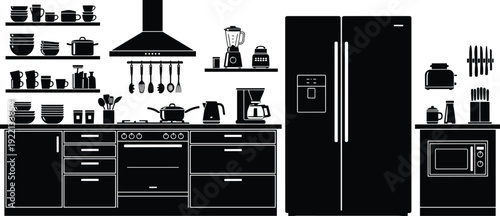 Modern Kitchen Interior Silhouette with Appliances, Cabinets, Utensils and Refrigerator Vector Illustration Set