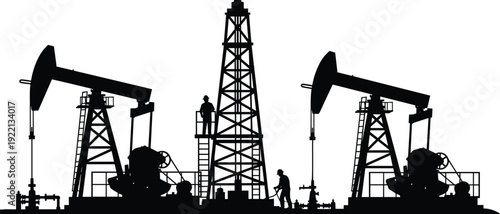 Oil Pumpjack and Drilling Rig Silhouette Set Petroleum Industry Extraction Equipment Vector Illustration