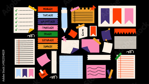 Cartoon stationery paper set with notes, planner sheets, reminder stickers, notebook clippings and task lists. Office and school paper elements as vector patches in a playful retro doodle style.