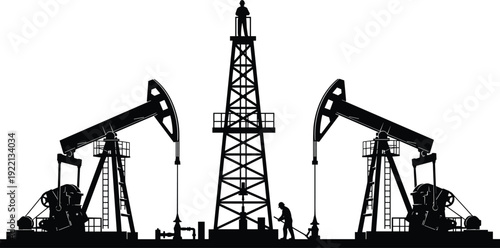 Oil pumpjack and drilling rig silhouette set with petroleum industry workers vector illustration