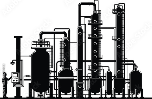 Oil Refinery Industrial Plant with Distillation Columns and Engineer Silhouette Vector Illustration