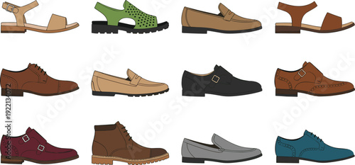 Men’s Casual and Formal Shoes Vector Set with Loafers, Boots, Sandals and Oxfords Isolated Footwear Collection for Fashion Design