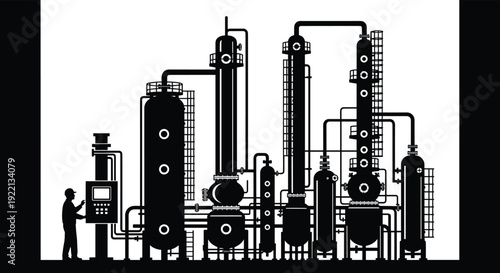 Oil refinery plant industrial equipment silhouette with worker control panel vector illustration