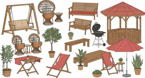 Outdoor Garden Furniture Vector Set with Wooden Benches, Gazebo, Swing, Chairs and Patio Decor Isolated Collection