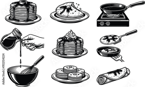 Pancake cooking process vector illustration set with ingredients preparation frying serving breakfast food concept collection