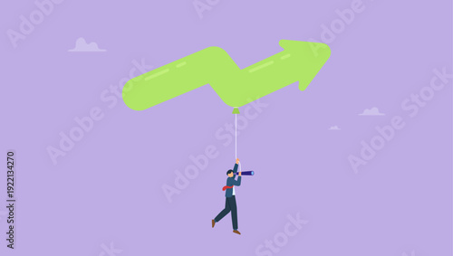Businessman with spyglass hung arrow hot air balloon searching for new business opportunity. Vector illustration of business vision or new business opportunity concept.