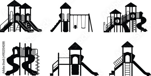 Playground equipment silhouettes set slides swings and climbing structures kids park vector collection