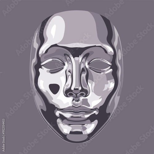 Shiny metallic human face mask with closed eyes on gray background