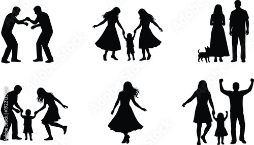 Family silhouette collection vector set, parents children and couples together isolated black and white lifestyle illustration design