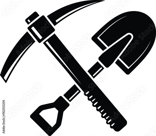 Crossed black pickaxe and shovel icon on white background