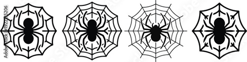 A series of spider webs with spiders at their centers in varying complexity and detail Vector, illustration