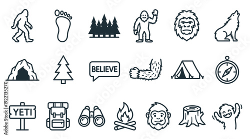 Sasquatch vector icon set, wild bigfoot yeti monster outdoor adventure and camping elements, footprint, tent, campfire, forest tree line art silhouette graphic design collection.