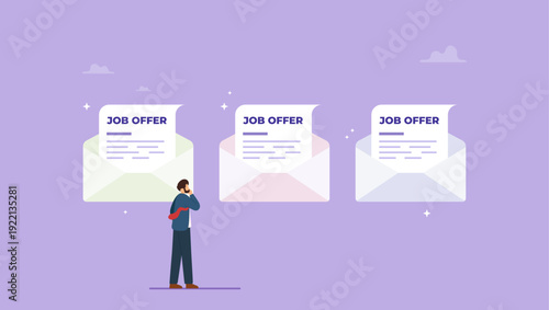 Businessman thinking to accept job offer emails with new job conditions. Job offer or job opportunity to be promoted or new position for higher salary.