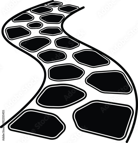 Winding black stone path with white outlines on white background