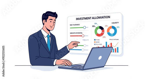 Businessman analyzing financial data on laptop with investment allomiation chart