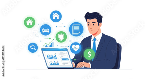 Businessman analyzing financial data on laptop with insurance symbols