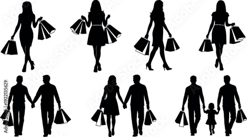 Shopping people silhouettes carrying bags in various poses, women men and family consumers illustration set representing retail, lifestyle, fashion, spending, and modern consumer behavior concepts