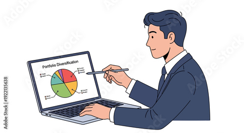 Businessman analyzing financial data on laptop with pie chart illustration