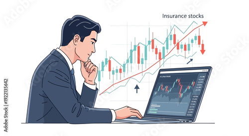 Businessman analyzing financial data on laptop with rising stock graph