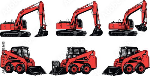 Red construction equipment illustration set showing excavators and skid steer loaders in different positions, heavy machinery icons for building, engineering and industrial projects isolated on white 