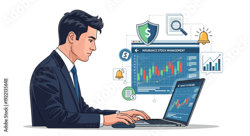 Businessman analyzing financial data on laptop with stock market charts