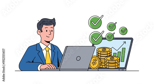 Businessman analyzing financial data on laptop with success symbols