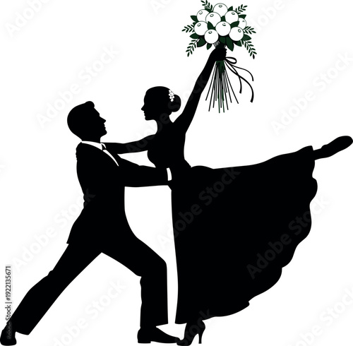 Silhouette bride and groom dancing together holding bouquet, elegant wedding celebration concept, romantic couple movement, marriage love story isolated on white background