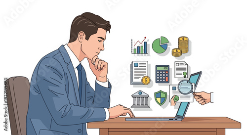 Businessman analyzing financial data with laptop and graphic icons