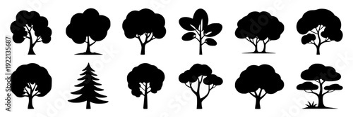 Trees silhouette icon set with black deciduous and conifer shapes, isolated forest nature symbols for landscape design, eco branding, map graphics, and UI pictograms