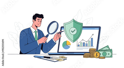 Businessman analyzing financial data with magnifying glass and shield icon