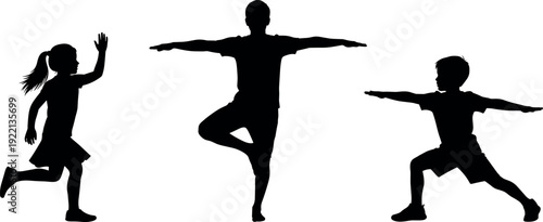 Silhouette family practicing yoga together, parents and children in balanced poses, healthy lifestyle concept, fitness training, mindfulness exercise isolated on white background