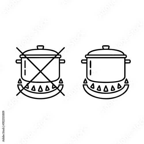 Gas Stove Safety Instruction Icon – Do Not Use vs Proper Use Cooking Pot Illustration