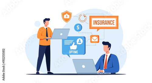 Business professionals collaborating with digital technology and insurance concepts