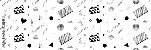 Shapes abstract geometric set with black retro memphis patterns, textures, and symbols in minimalist style featuring design, graphic, elements with decorative and art elements for illustration,