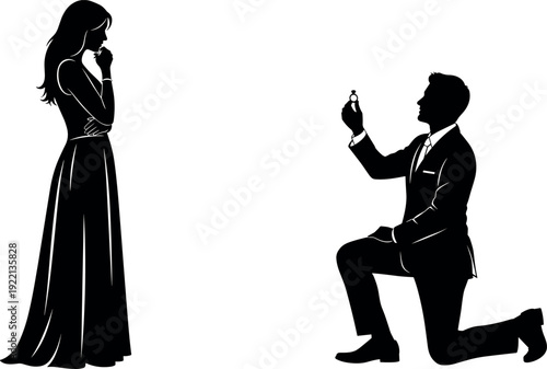 Silhouette man proposing marriage to woman with engagement ring, romantic love story concept, wedding proposal moment, relationship commitment isolated on white background