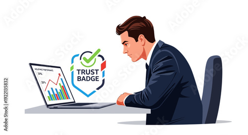 Businessman analyzes data on laptop with trust badge for business success