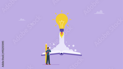 Open book with rocket shining bulb flying out, Idea, inspiration, Power of knowledge sign.